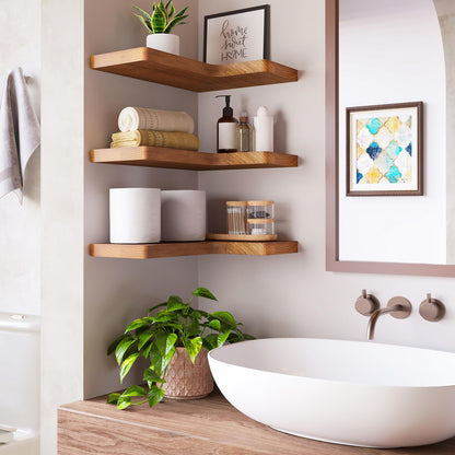 Fixwal Corner Floating Shelves for Wall Mounted Natural Solid Wood 16"x11.4" Farmhouse Home Decor Display Shelving Set of 3 (Rustic Brown)