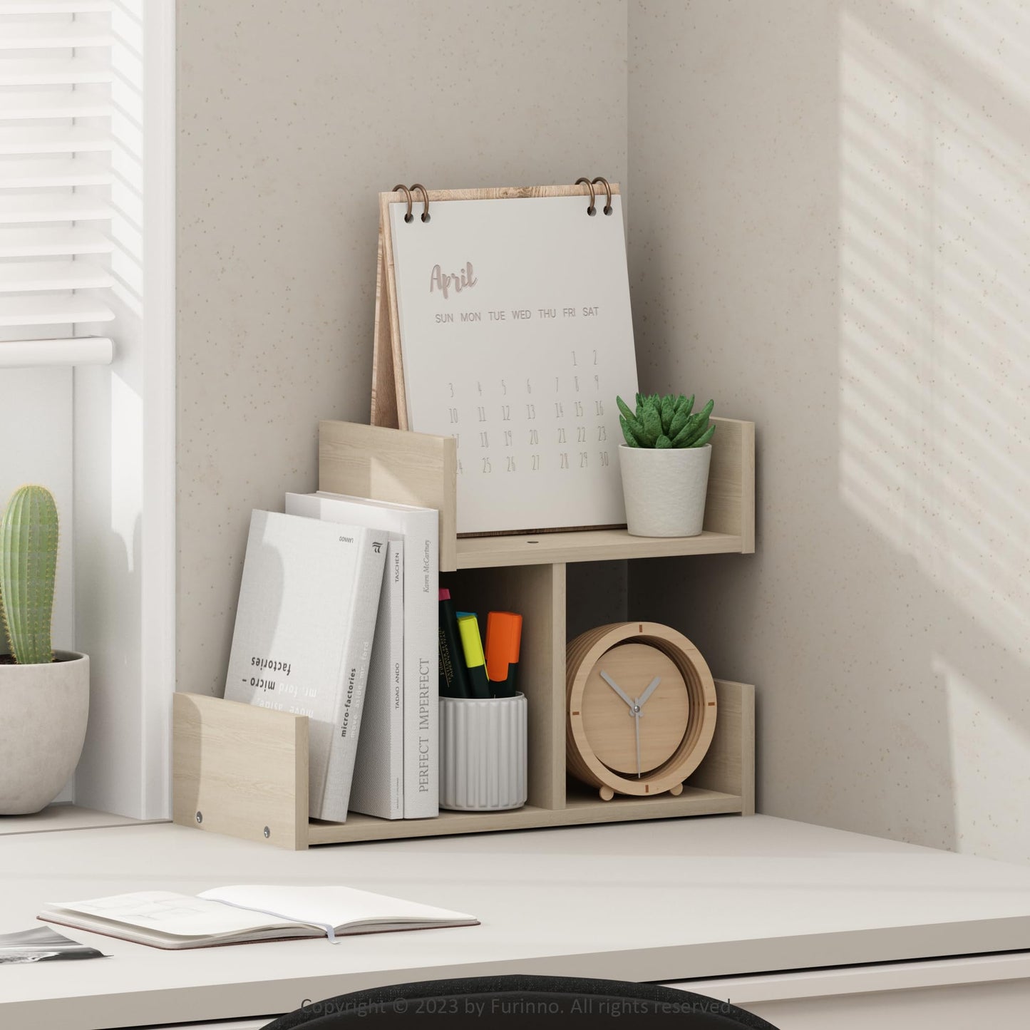 Furinno Hermite Wooden Desktop Bookshelf Storage Organizer for Home and Office Supplies, Bauhaus Oak