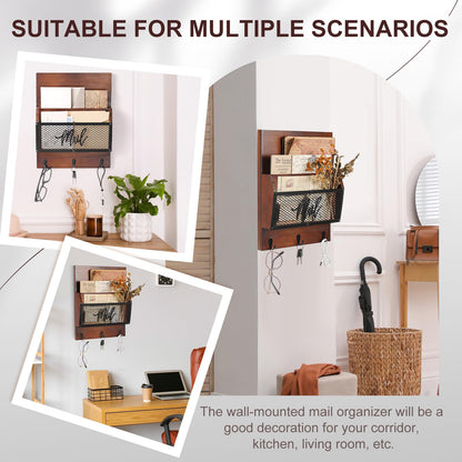 Yalikop Farmhouse Mail Organizer Wall Mounted Rustic Mail Holder Hanging Key Sorter with 3 Hooks Indoor Wooden Wall Mounted, Letter, Magazines, Newspapers, Keys (Classics,Dark Brown)