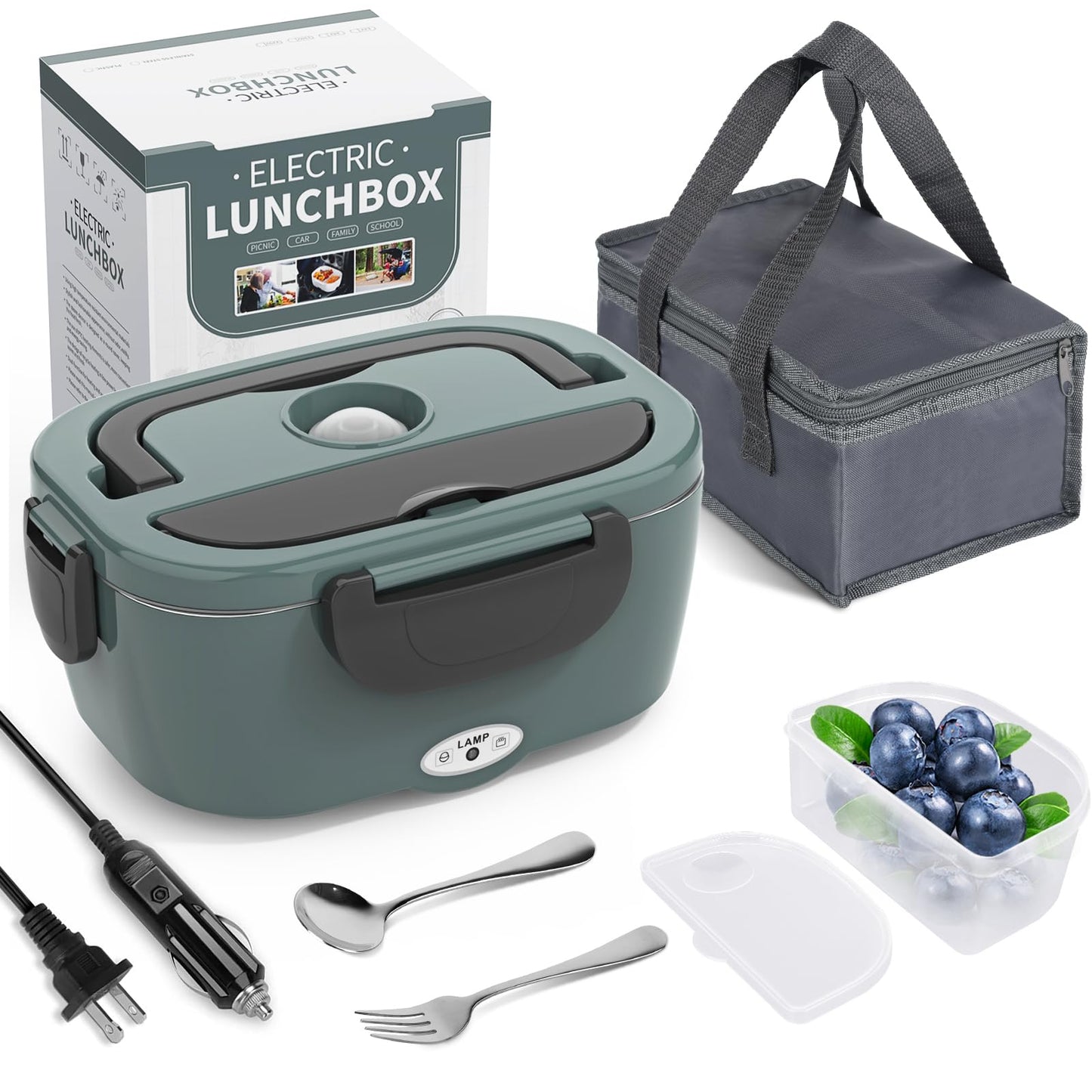 Electric Lunch Box Food Heater, 3 in 1 Ultra Quick Heated Lunch Boxes for Adults, 12V/24V/110V Portable Food Warmer for Car/Truck/Office With Fork Spoon and Insulated Carry Bag