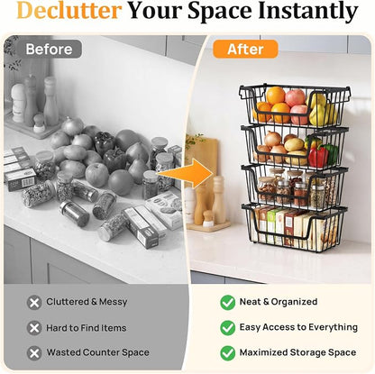SUNALLY Stackable Storage Bins 6 Pcs Wire Baskets for Pantry Organizers and Storage, Vegetable Fruit Storage Basket for Countertop Organizer,Kitchen Storage Baskets for Onion Potato Snack,Black
