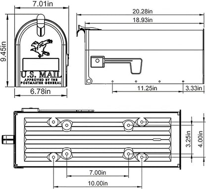 Plexon Mailboxes Classic Post Mount Mailbox - 20.28" L x 9.45" H x 6.78" W, Galvanized Steel, Gray, Rust-Resistant Powder Coated Finish