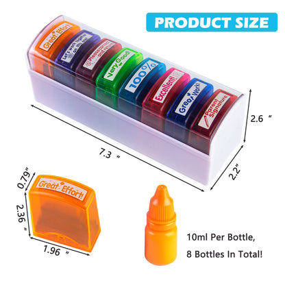 8PCS Self Inking Teacher Stamps Set in 8 Colors with Different Rewarding Comments, Teacher Stamps with Tray, Teacher Supplies for Homework Grading School Classroom Supplies