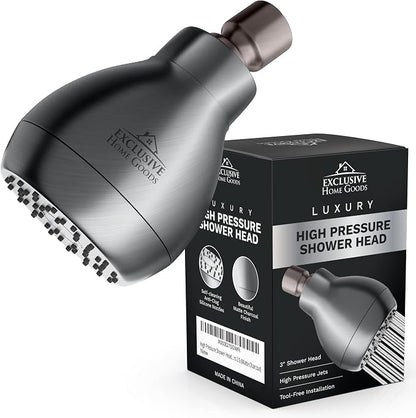High Pressure Shower Head - Powerful Deluxe Bathroom Showerhead with Strong Spray Stream and Small Silicone Nozzles - Universal Fit Works with High and Low Water Flow Showers Matte Charcoal -1.8 GPM