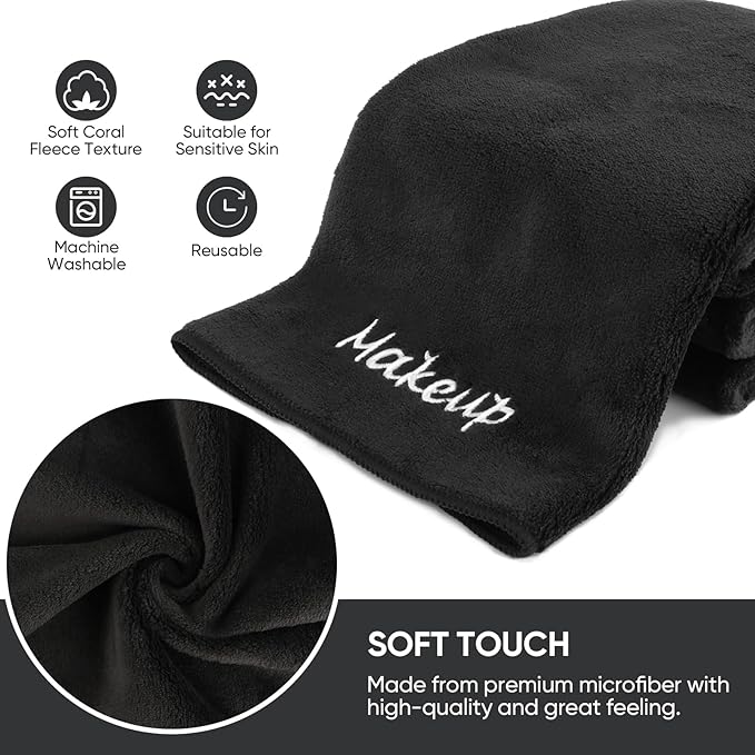 Makeup Remover Cloth, 12 Pack Black Facial Wash Cloths, Soft Coral Fleece