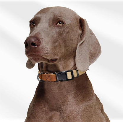 Mile High Life Genuine Leather Dog Collar, Soft Cotton Pet Collars with Heavy Metal Buckle for Small Large Dogs (Khaki, M Neck 15"-18")