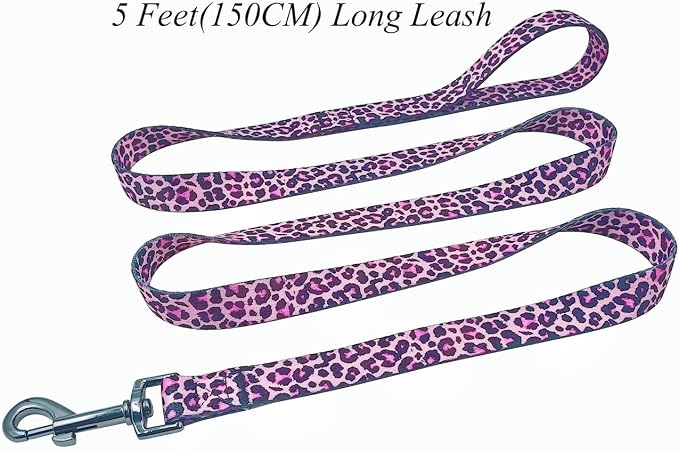 Dog Collar Leash Set, Leopard Pattern, Polyester Material, Adjustable Collar and 5ft Matching Leash, for Large Dogs.(L, Colorful Leopard)