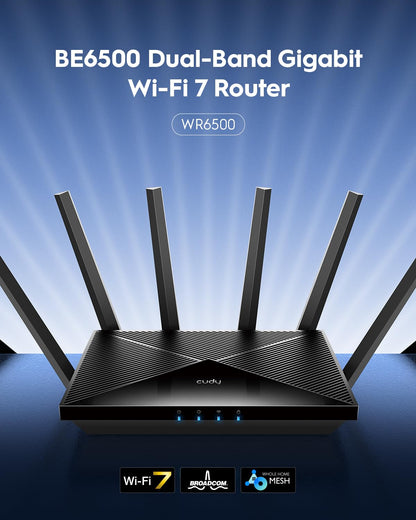 Cudy BE6500 WiFi 7 Router Dual Band Gigabit Gaming Router, 6500Mbps, VPN Client and Server, Cudy Mesh and APP Compatible, Broadcom 2 GHz Quad-Core CPU, WR6500