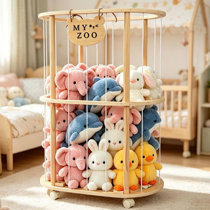 Singda Stuffed Animal Storage, Wooden Zoo Stuffed Animal Holder with Wheels & Elastic Bands, Space Save Toy Storage Organizer with Extra-Thick Base for Kids' Room, Playroom, Nursery - 37"