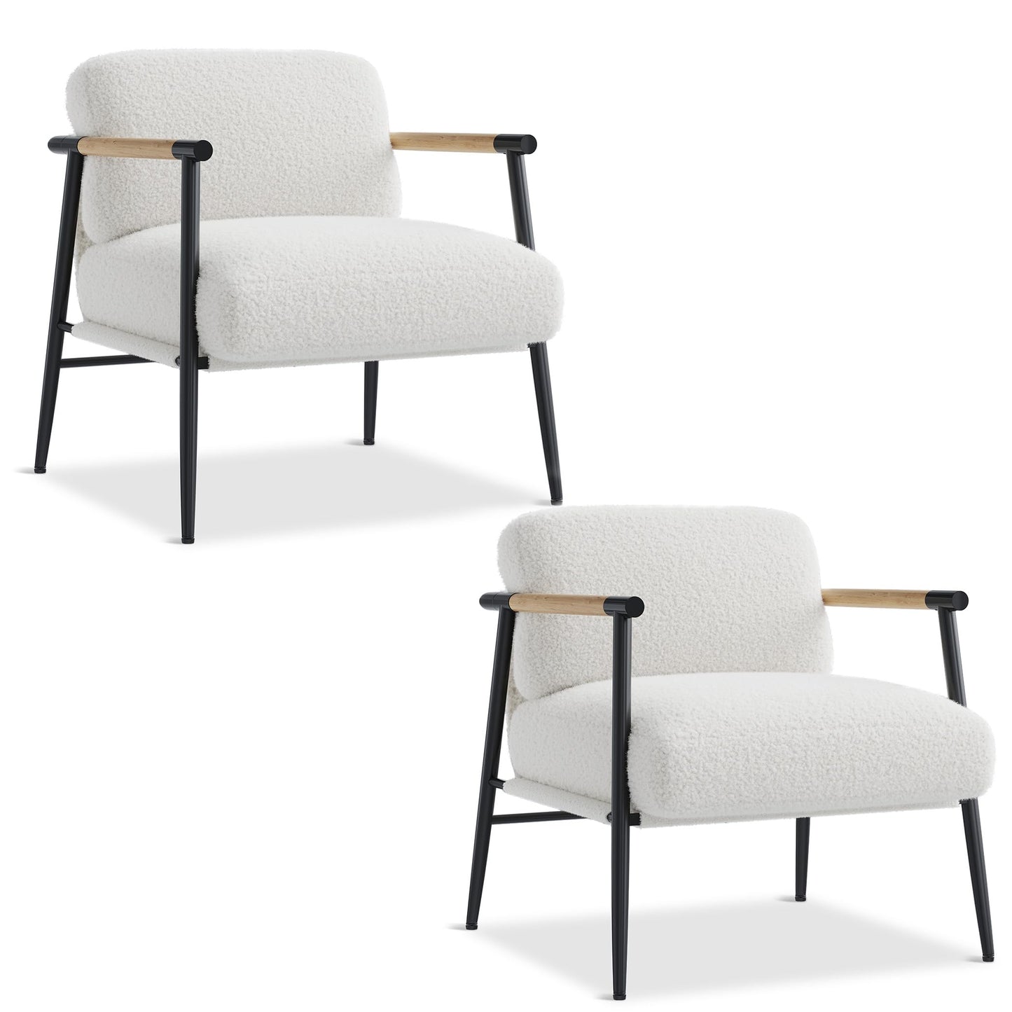 Garvee Modern Accent Chair, Comfy Chair with Metal Frame Wooden Armrest, Cozy Reading Chair with Soft Cushion for Bedroom, Living Room, White Set of 2