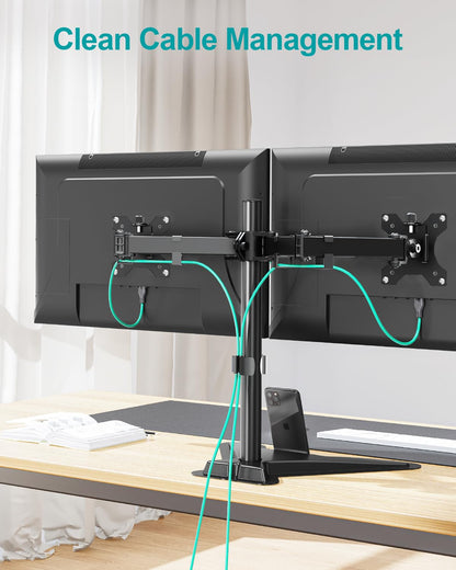 MOUNT PRO Dual Monitor Stand, Free-Standing Full Motion Monitor Desk Mount Fits 2 Screens up to 27 inches,17.6lbs with Height Adjustable, Swivel, Tilt, Rotation, VESA 75x75 100x100, Black