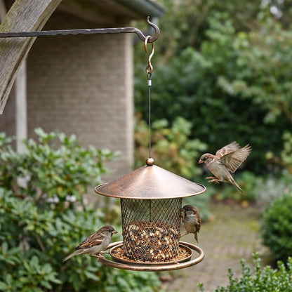 Bird Feeder, Weatherproof Wild Bird Feeders for Outdoors, Birds Feeding Station Metal Round Roof Birdfeeder for Garden Yard Outside Hanging Decor