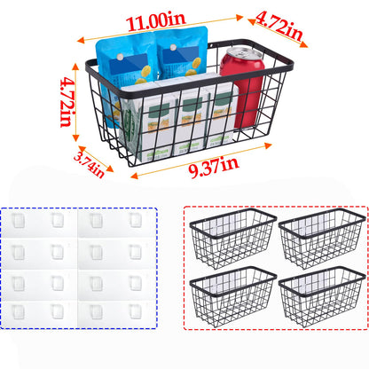 4 set Hanging Wall Basket Organizer,Over the Cabinet Door Wire Baskets for Organizing -Space-Saving Hanging Baskets for Organizing,Wall Mount Storage,No Drilling Adhesive Wall Storage Basket, Black