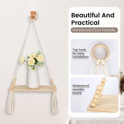 Chissen Bohe 2 Pack Wooden Wall Hanging Shelves, Macrame Plant Wall Shelf with Tassel, Storage Floating Shelves for Books Photos,Wall Shelves for Living Room,Bedroom, Handmade Stand Holder Home Decor