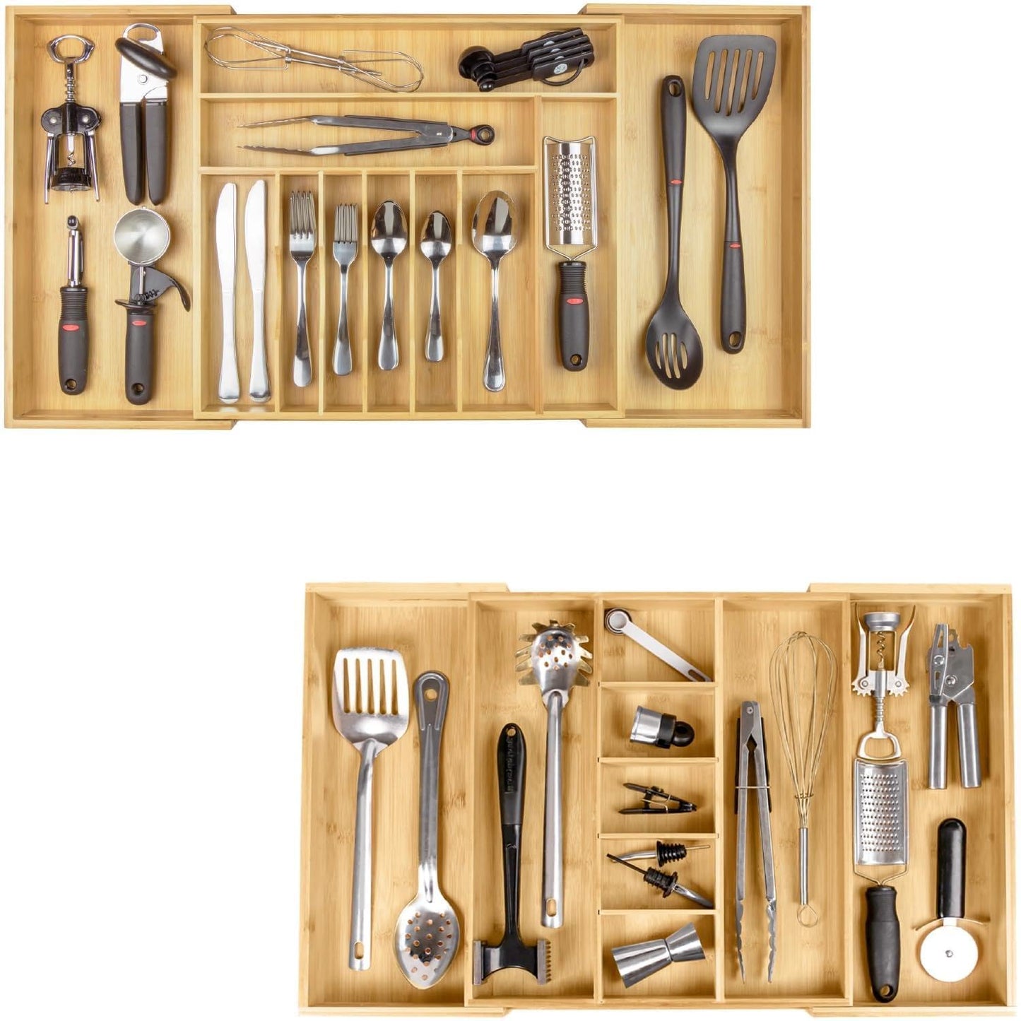 KitchenEdge Premium Silverware, Flatware and Utensil Organizer - Expandable From 18 to 33 In and Adjustable Kitchen Drawer Organizer - Expandable From 16 to 28 In Bundle