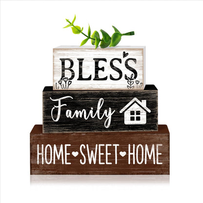 TOMPOP 4 Pcs Sweet Home Wooden Table Decor Eucalyptus Leaves Tabletop Sign Farmhouse Tiered Tray Decorations Family Wood Block Stack Sign Gift for Home Fireplace Mantel (Leaf)