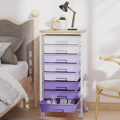 Rolling Cart with 8 Drawers, Storage Drawers Cart with Wooden Tabletop and Lockable Wheels, Craft Storage for Living Room, Office, Classroom, Craft Room, Bedroom (Purple)