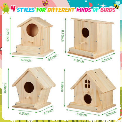 Liliful 4 Pack Birdhouse Crafts for Kids, Wooden Creative DIY Bird House Kits Arts and Crafts Set for Kids and Adults, Spring Birthday Gifts for Toddlers Ages (Seasonal Style)