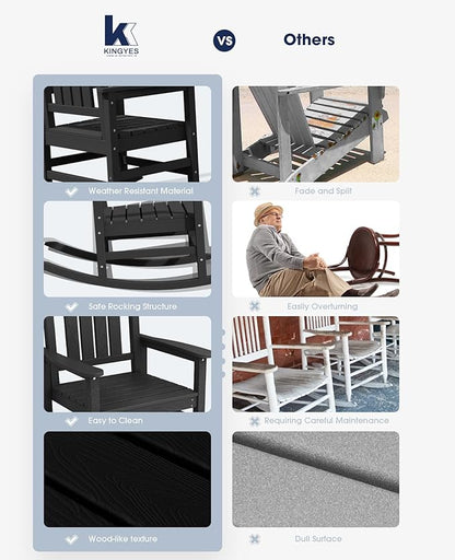 KINGYES Oversized HDPE Outdoor Rocking Chair Set of 2, Widened Seat Patio Rocking Chair, All Weather Patio Rocker, Black