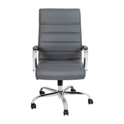 Flash Furniture Whitney High-Back Swivel LeatherSoft Desk Chair with Padded Seat and Armrests, Adjustable Height Padded Office Chair, Gray/Chrome