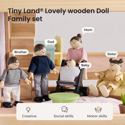 Tiny Land Wooden Dollhouse People Set，Wooden Doll House
