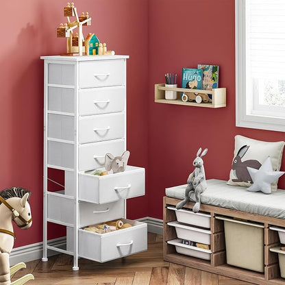 Fixwal Tall Narrow White Dresser for Bedroom, Storage Dresser Organizer in Closet with 7 Fabric Drawers, Nightstand for Dorm