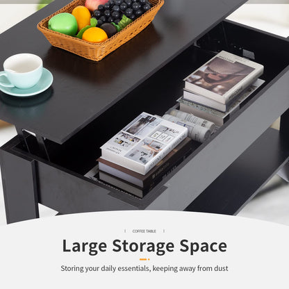 FDW 39.4" Lift Top Coffee Table with Hidden Compartment and Storage Shelf Wooden Lift Tabletop for Home Living Room Reception Room Office (Black)