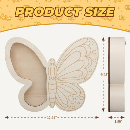 Butterfly Piggy Bank for Kids, Paint Your Own DIY Butterfly Bank with Clear Window, Wooden Savings Box for Coins and Bills, Room Decor Gift
