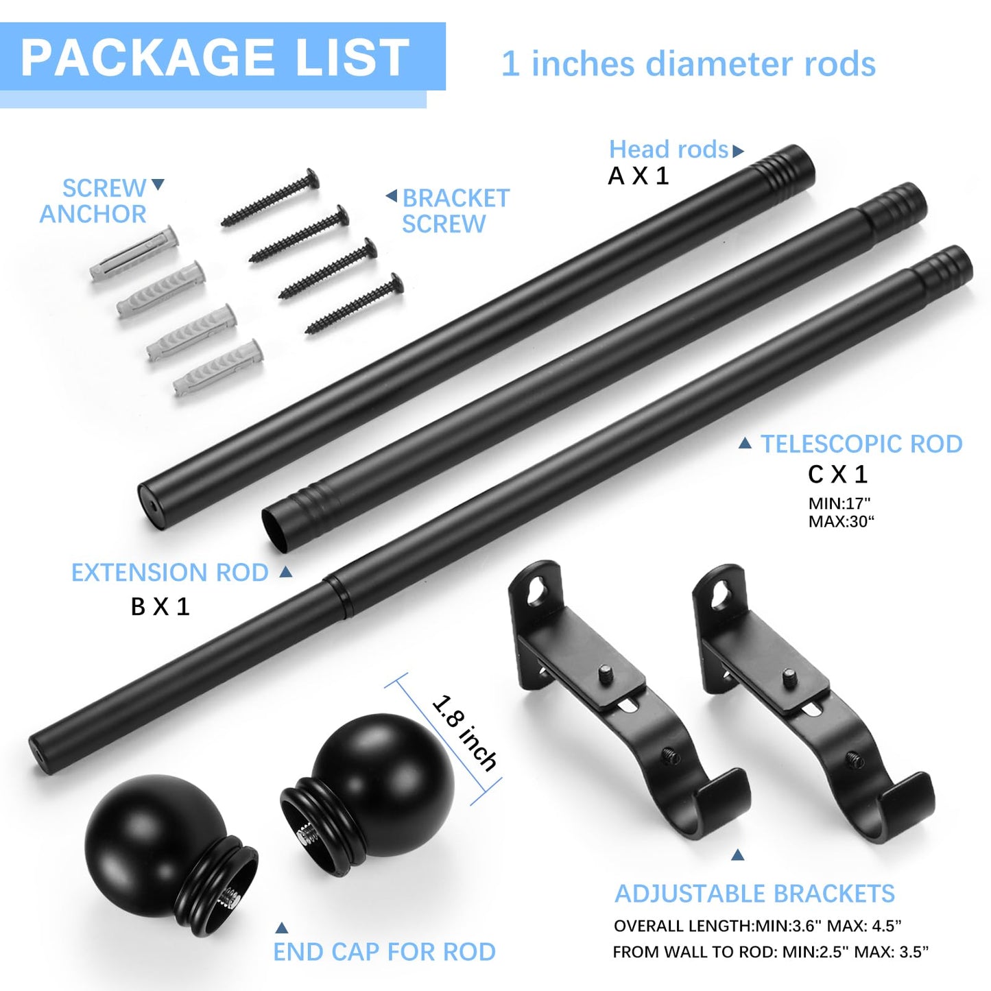 AMZSEVEN Curtain Rods for Windows 16 to 48 Inches, Curtain Rod Max Adjustable Length of 60 IN, 1" Diameter Drapery Rods Round Finials, Black, Pack of 1