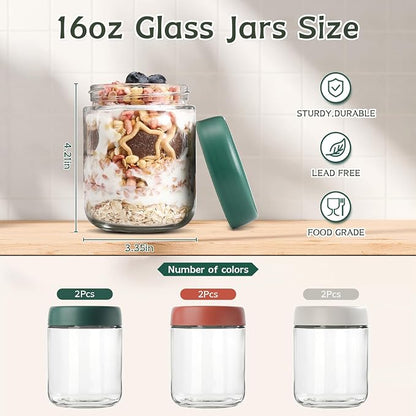 DIMBRAH Overnight Oats Containers with Lids, Mason Jars 16oz with Lids - Set Of 6, Practical Oatmeal Container to Go, Chia Seed Pudding Jars