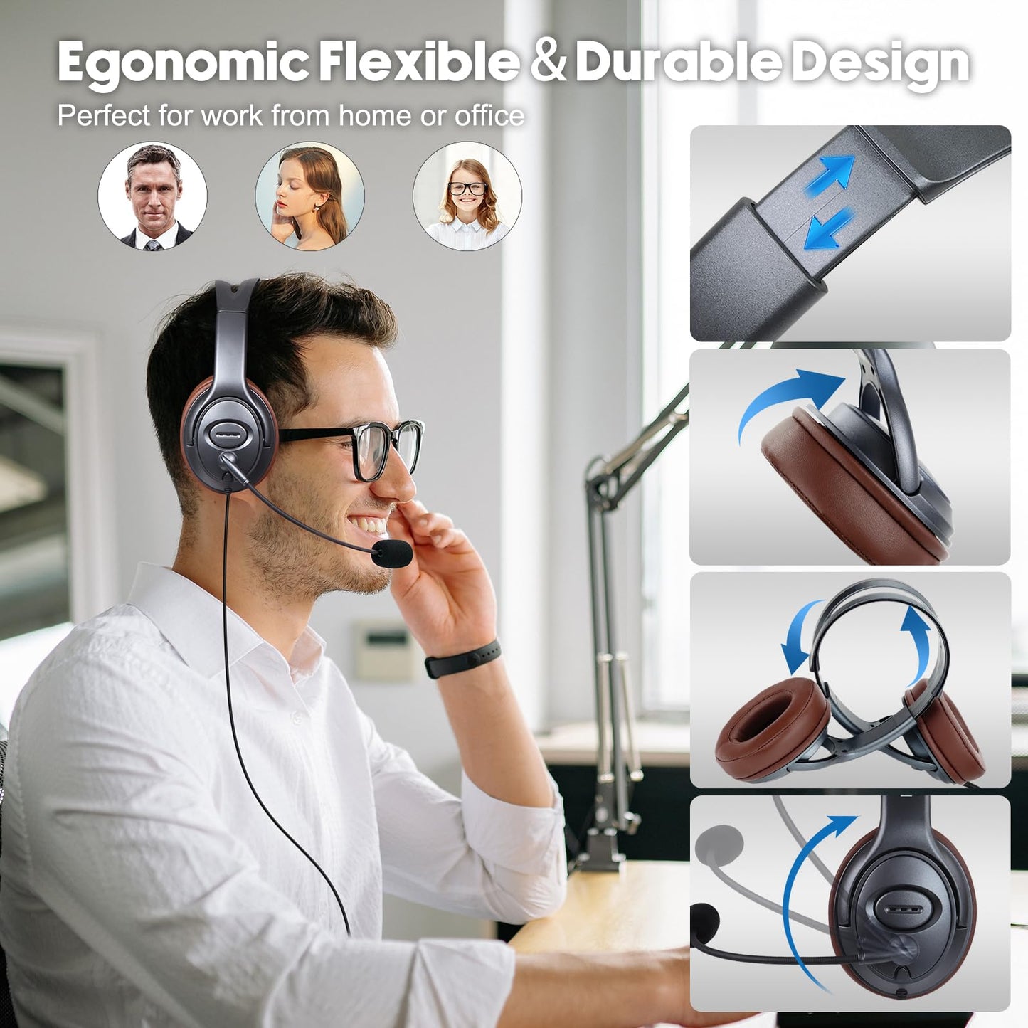 EMAIKER Noise Canceling USB Headphones with Microphone & in-Line Controls for Dragon Dictation, Over Ear PC Headphones for Office Work from Home Skype Teams Zoom Meeting WebEx Softphone