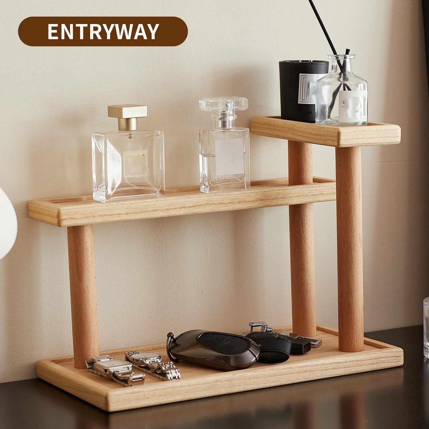 KIRIGEN 3-Tier Decor Display Riser, Paulownia Wood Step Shelf with Beech Supports, Wooden Countertop Stand Organizer for Entryway, Bedroom, Vanity for Perfumes, Cosmetics, Jewellery, Keys ZWJ-NA