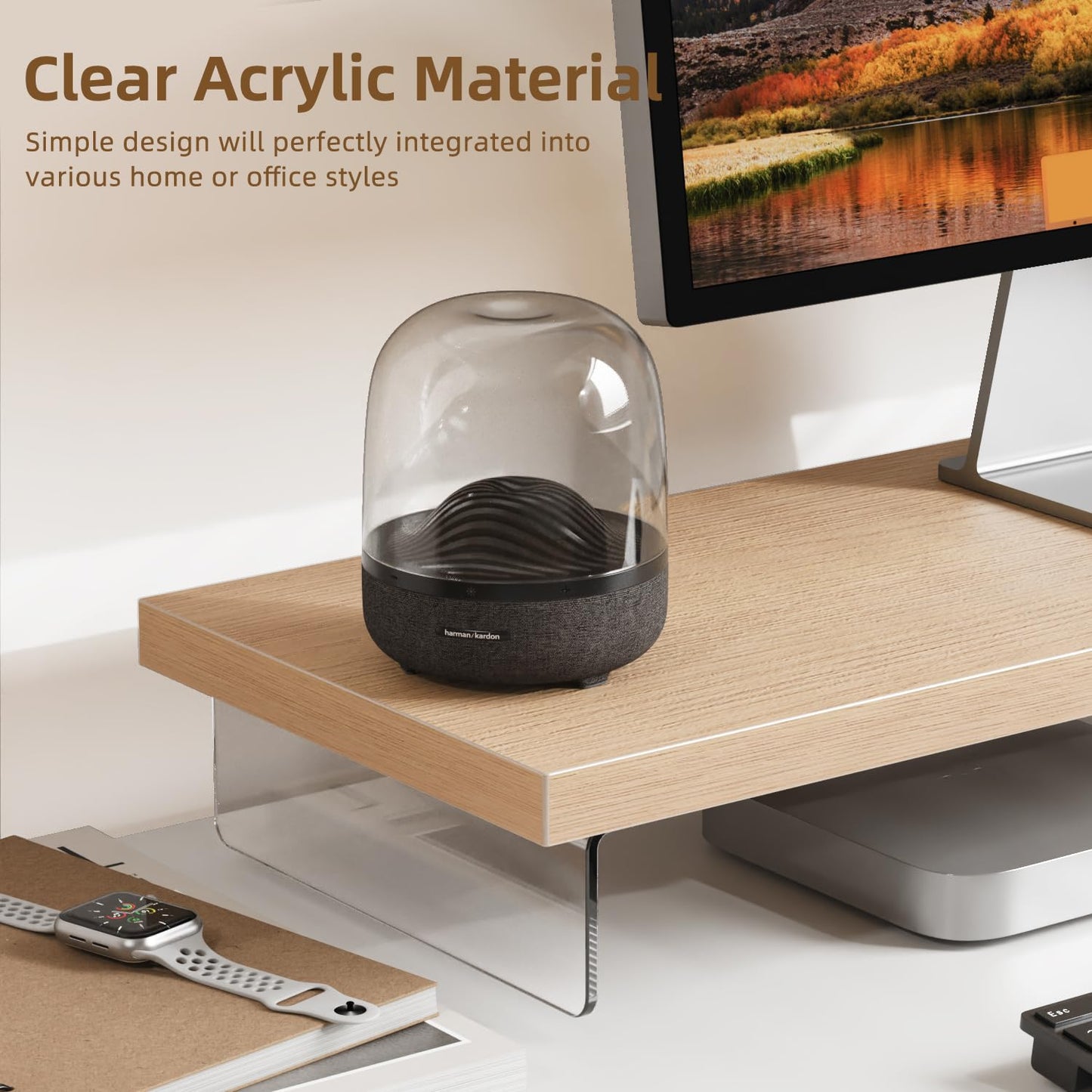 SSWOOD Monitor Stand Riser, Wood & Acrylic Computer Monitor Stand Desk Desktop Organizer Table For Home, Office Workspace, Laptop Riser, Printer, PC & TV Screen Riser