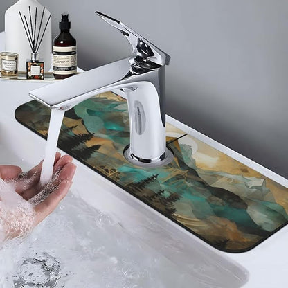 Kitchen Sink Splash Guard Faucet Mat Mountains Trees Landscape Sunrise 15"x5.5"