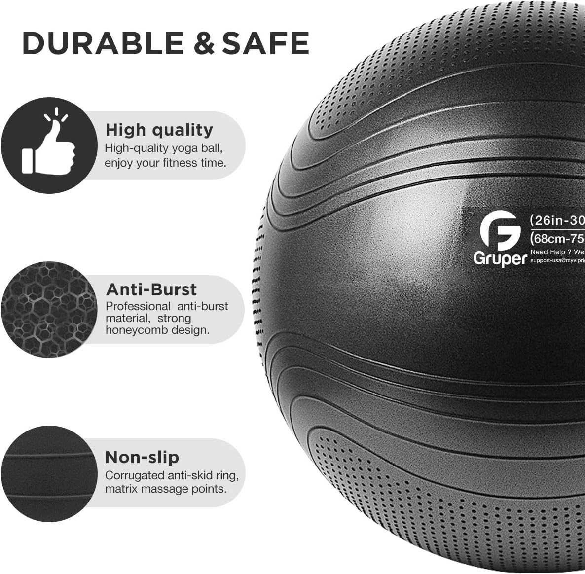 Gruper Yoga Ball, Multiple Sizes Non Slip Exercise Ball for Workout, Birthing, Balance, Stability, Pregnancy, 2200LB Capacity, Anti Burst Chair for Home and Office, Includes Quick Pump & Fitness Guide