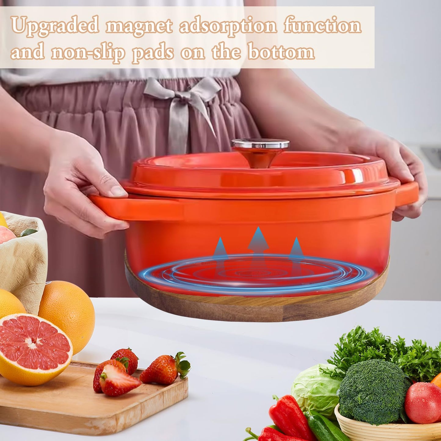 LAIAMER 2 PCS Magnetic Wooden Trivets for Hot Pots and Pans, Heat Resistant Acacia Wood Trivet with Cushioning Silicone Strips for Dutch Ovens Hot Dishes Pots Holder, for Mom Grandma