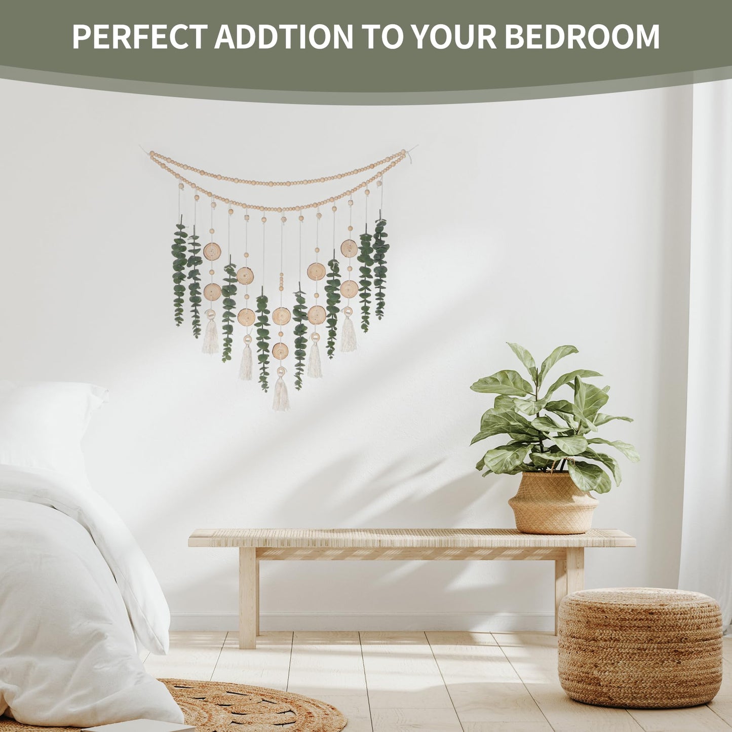 Artificial Hanging Eucalyptus Wall Decor Fake Greenery Leaves Wall Hanging Plants on Long Wooden Beads Garland Wall Art Large Boho Rustic Farmhouse Decor for Bathroom Bedroom Living Room Sage Green