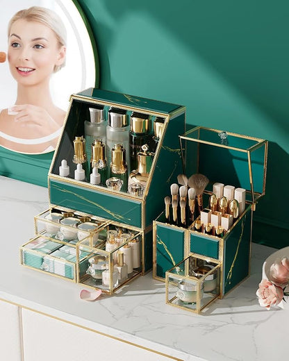 CoralHouse Vintage Green Glass Makeup Organizer with Lid, 3-Piece Vanity Organizer with Gold Frame, Cosmetic Display Case for Skincare, Perfume, Lipsticks, Brushes, Bathroom Countertop & Dresser