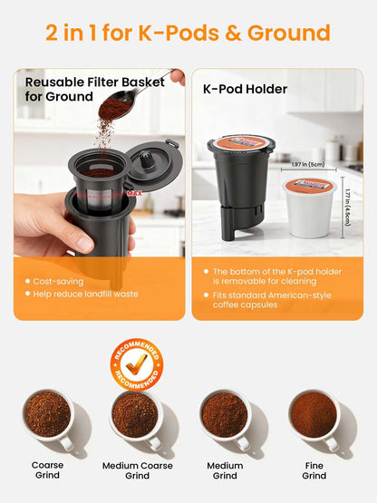 Karosie K Cup Coffee Maker, Hot & Iced Coffee Maker for K Cup and Grounds, 6-14 Oz Brew Sizes, 50oz Removable Tank, Single Cup Coffee Maker with Descaling Reminder, Stainless Steel, Black