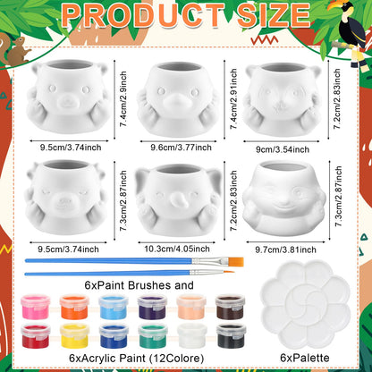 Chuangdi 6 Sets DIY Ceramic Succulent Pots Paint Animal Planters Unpainted Plant Flower Pot Paintable Ceramic Painting Kit Drainage Hole Color Paints Paintbrushes Palettes for Craft(Novel Style)