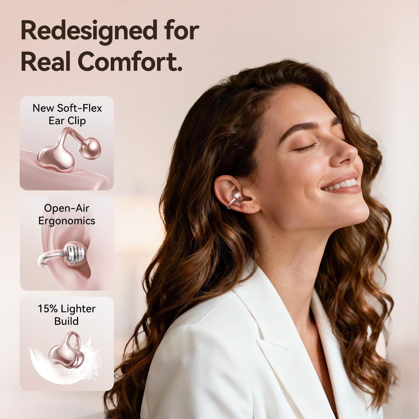 Kinglucky Upgraded Clip-On Earbuds Comfortable fit & Crystal-Clear Sound, 50H Playtime Open Ear Buds Bluetooth 6.0 Wireless Headphones for Women & Kids Ideal for Small Ears,Sports,Glasses Rose Gold
