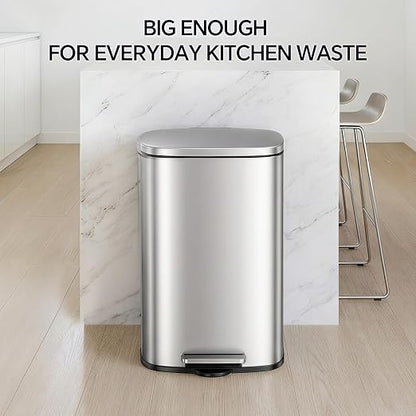 13 Gallon Trash Can (50L) and 1.6 Gallon (6L) Kitchen Trash Can Combo Set, Stainless Steel Garbage Can with Lid and Step-on Pedal, Soft Close Waste Bin with Inner Bucket for Home & Office