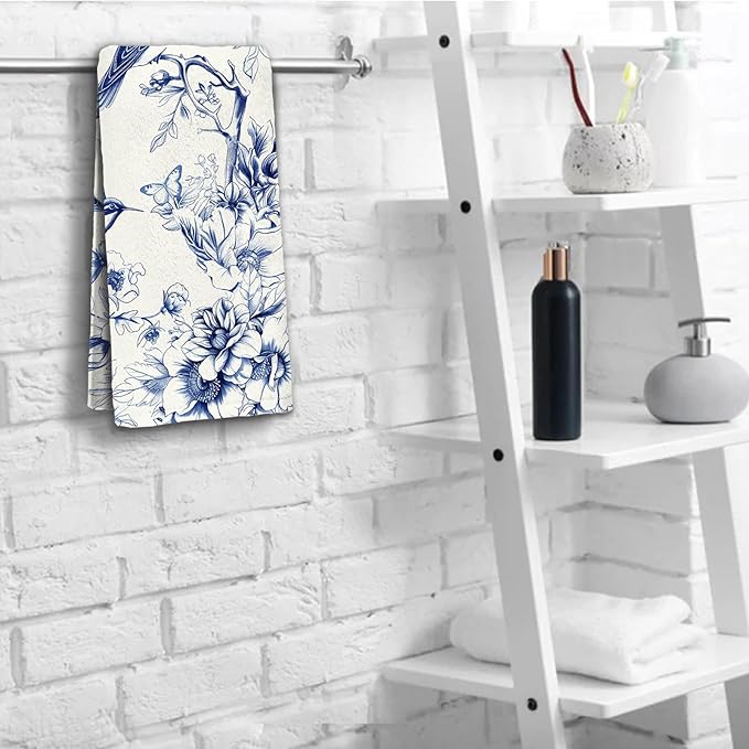 Blue Floral Hand Towels for Bathroom Humingbird Kitchen Towels Watercolor