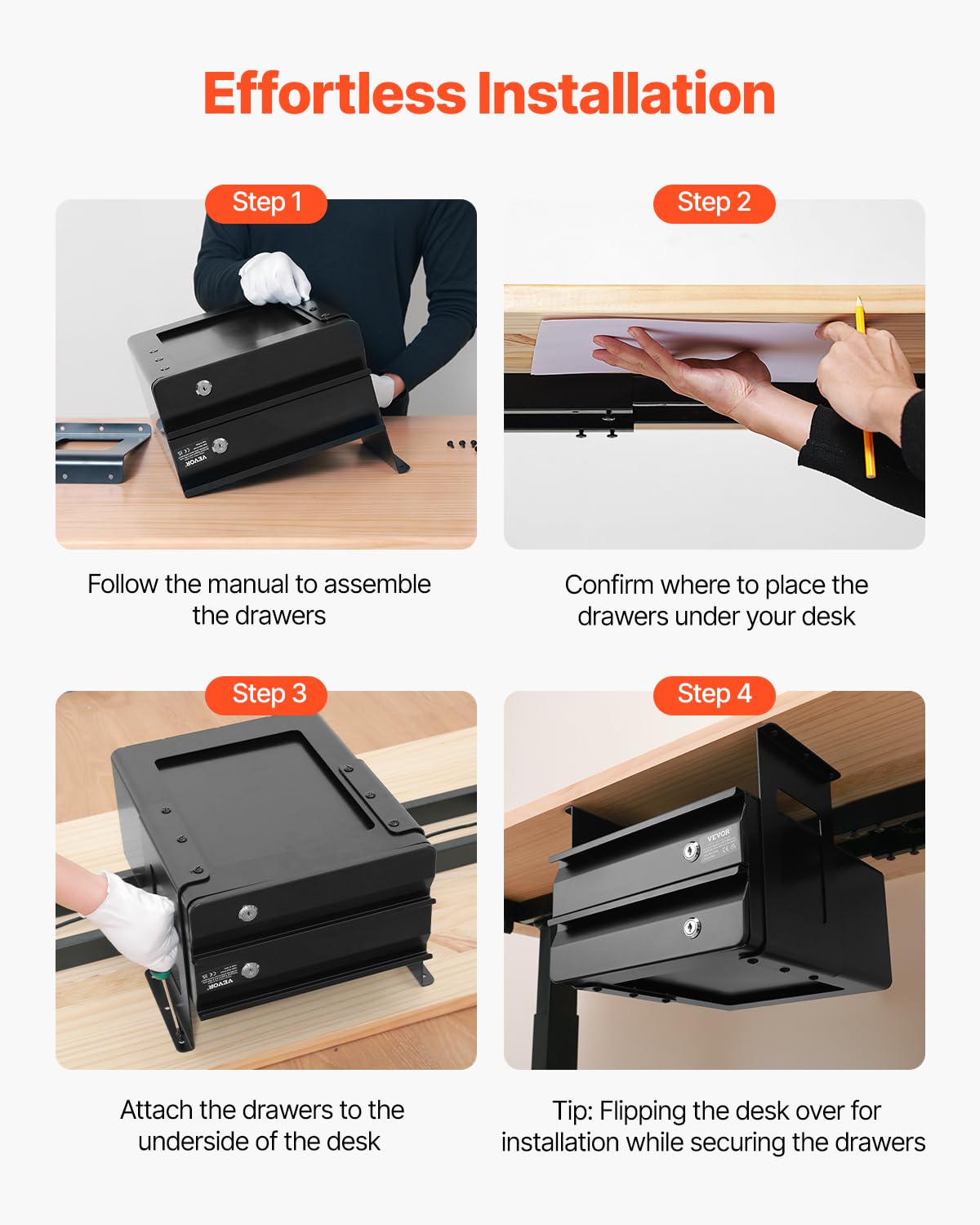 VEVOR Under Desk Double Stacked Lockable Slide Out Drawer, 13 inch Lockable Under Table Pull-out Drawer Attachment for Sit Stand Workstation, Secure Under Desk Storage Organizer, Black