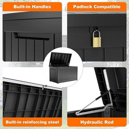 280 Gallon Resin Deck Box, Lockable Weatherproof Outdoor Storage Box for Furniture, Garden Tools and Tools Storage, Waterproof Outside Storage Boxes - Black