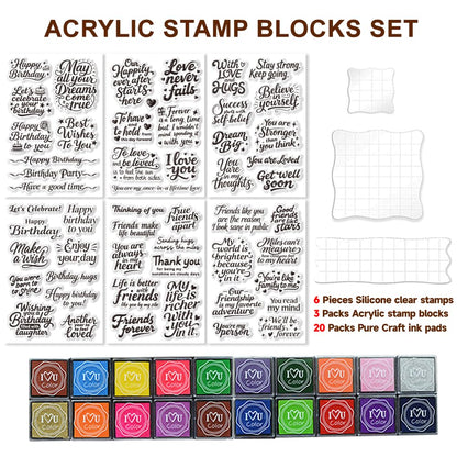 GLASSWINDS 6 Pcs Greeting Words Clear Stamps for Card Making Supplies 20 Ink Pad 3 Acrylic Stamp Block Silicone Stamp with Holiday Bless Happy Birthday Stamps for Crafting DIY Scrapbooking Journal