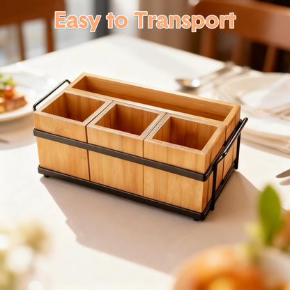 Garvee Bamboo Utensil Holder for Party, Wooden Flatware Silverware Caddy with 4 Detachable Compartments & Metal Tray, Cutlery Holder Organizer for Kitchen Camping Picnic Buffet