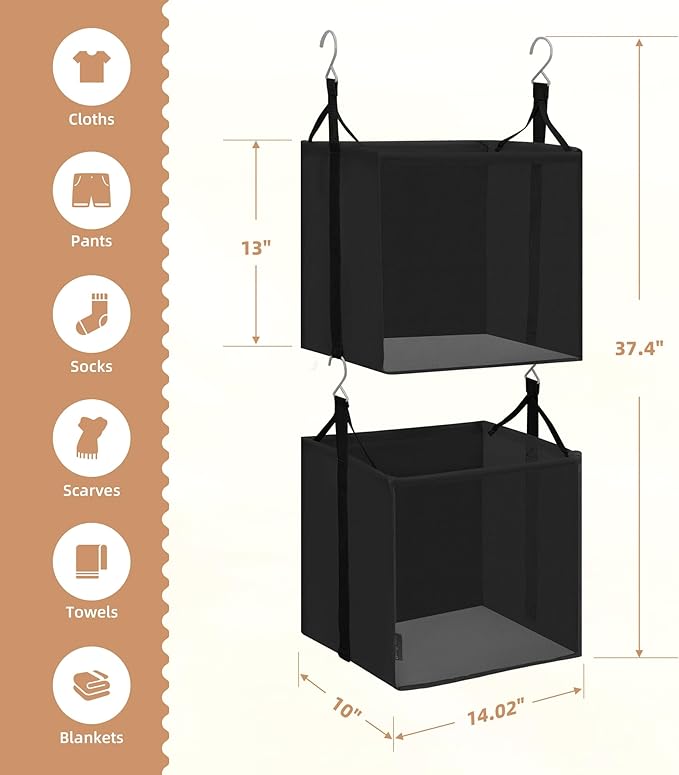 STORAGE MANIAC 2-Shelf Hanging Closet Organizer, Cloth Hanging Closet Shelf