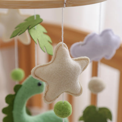 Mobile for Crib – Handmade Dinosaur Jungle Baby Mobile with Leaves & Stars, Baby Mobile for Crib Felt Hanging Toy Nursery Mobiles with Beech Wood Ring, Bassinet Mobile Dino Nursery Decor