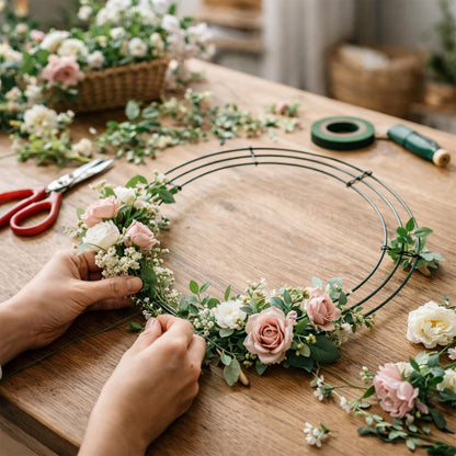 UltraOutlet 6 Pack 14 Inch Metal Wreath Frame Wreath Ring for Crafts with 6 Adhesive Hooks and 3.3 Yard Burlap, Front Door Christmas New Year Valentines Wedding Decoration